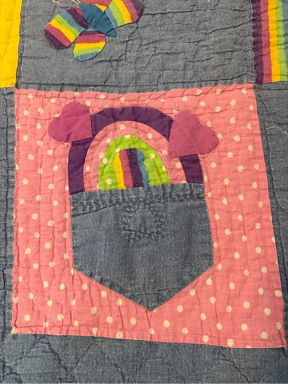 Vintage Handmade Applique Rainbow Quilt Twin 80x80” Floral Butterfly Patchwork